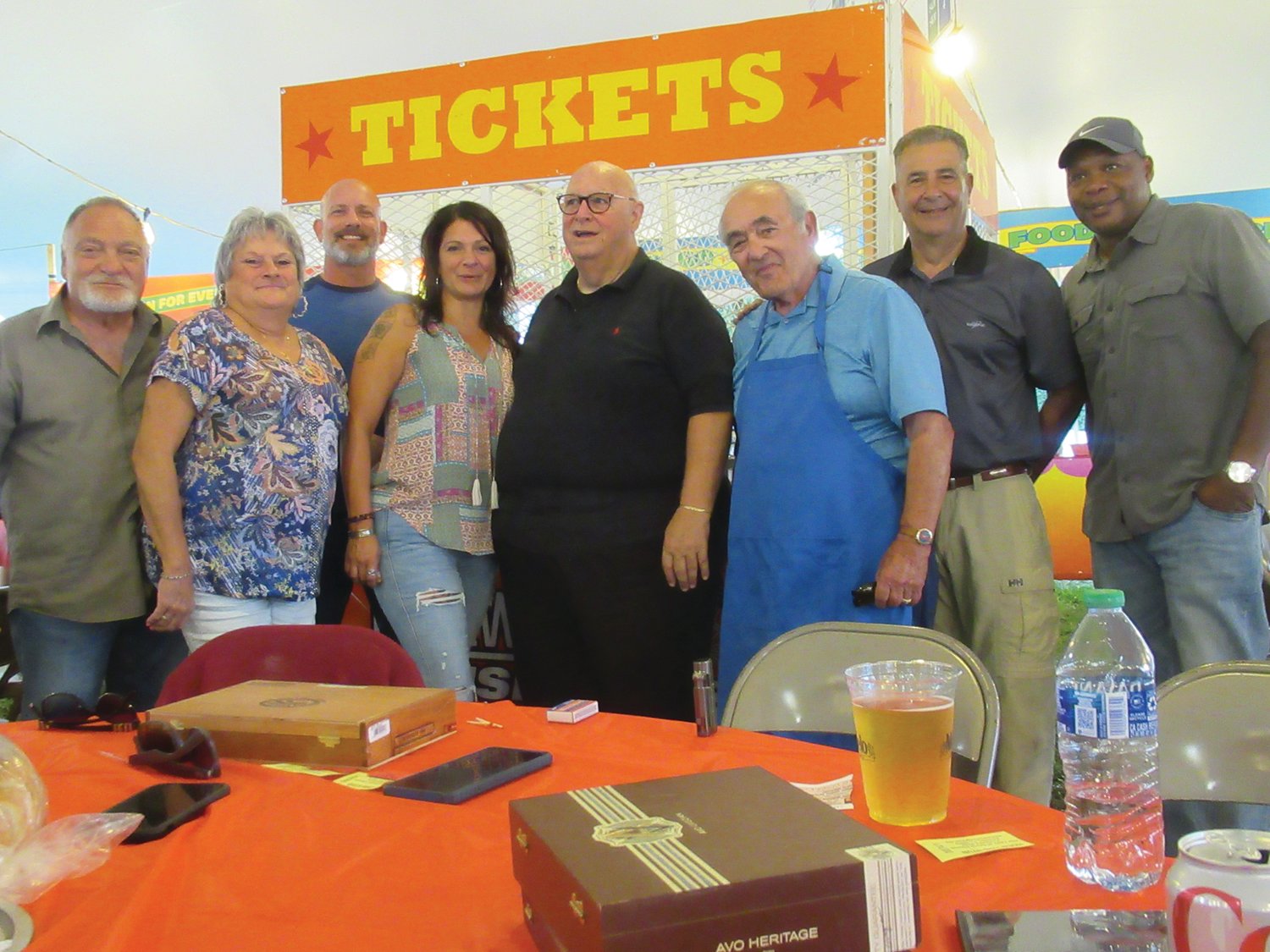 FATHER’S FRIENDS: Among the many people who enjoyed Saturday’s Steak and Cigar Night at Our Lady of Grace were from left: Ron and Marie Curtis, Jen Burns, Father Peter J. Gower, Joe Grasso, Sen. Frank Lombardo and Marvin Carter.
